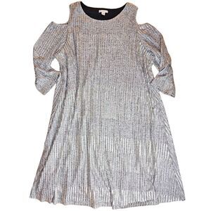 Cato Shimmery Silver Metallic Cold Shoulder Shift Dress